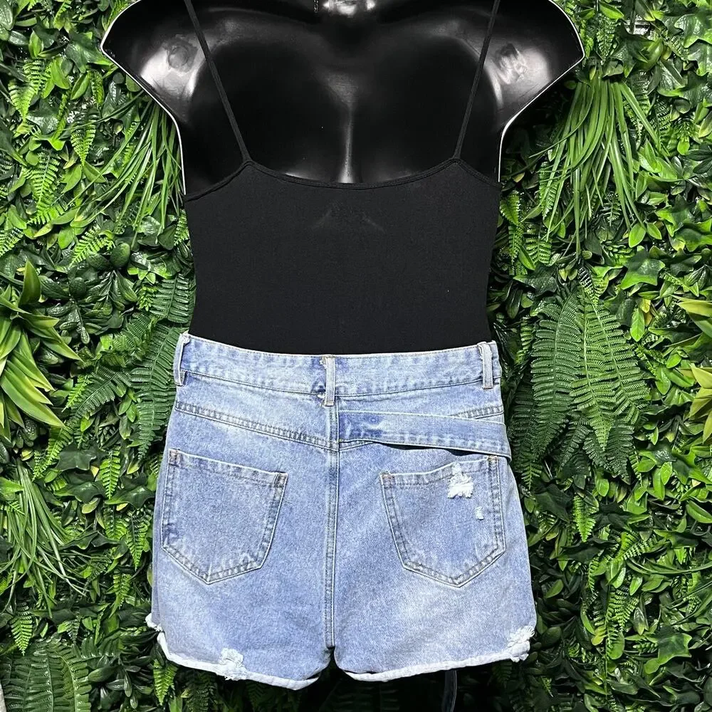 PINK NOVEMBER Skirt Women Large Blue Jeans Shorts Skort‎ Distressed Denim 2749